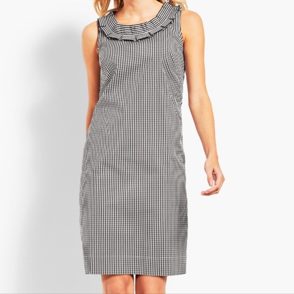 Talbots Shift Dress Black and White Gingham Sleeveless Pleated Neck 14 Stretch